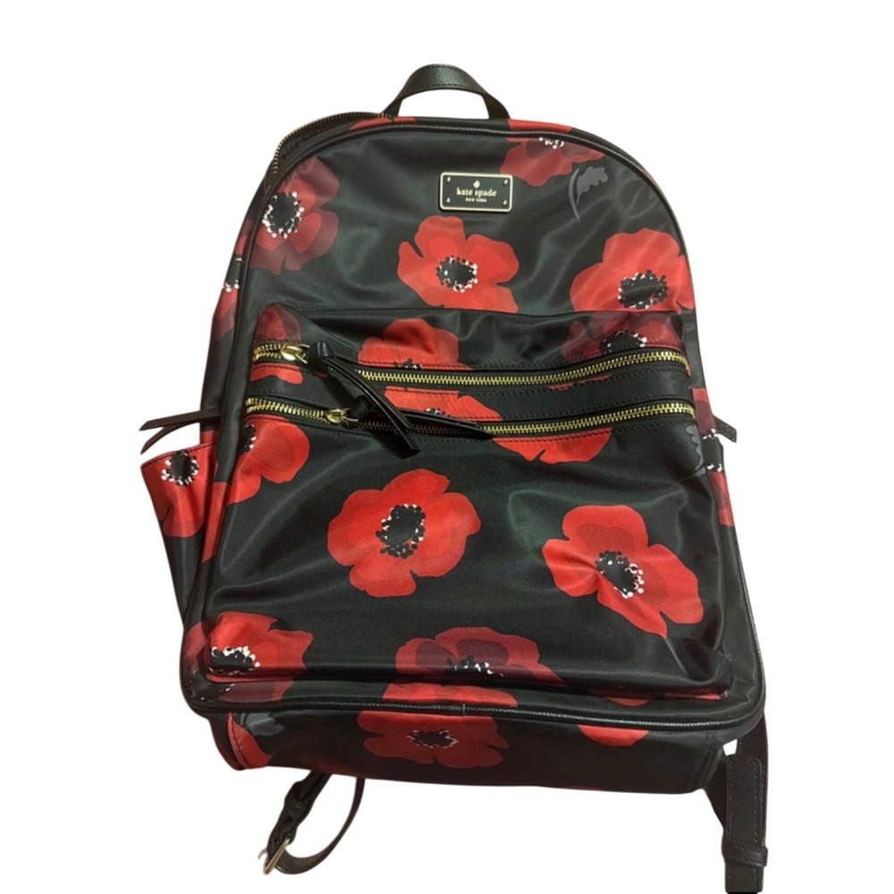 Kate Spade Chelsea Backpack Black Red Poppy Floral Nylon Gold Hardware Large
